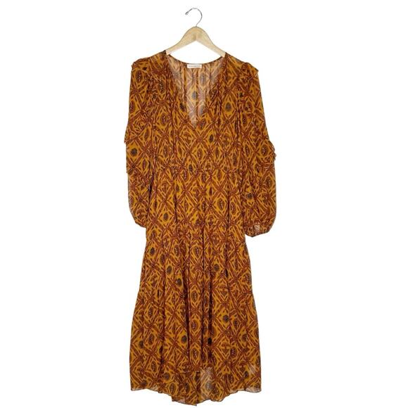 ULLA JOHNSON Aliya Silk Ruffled Long Sleeve Midi Dress Ochre - Picture 3 of 14